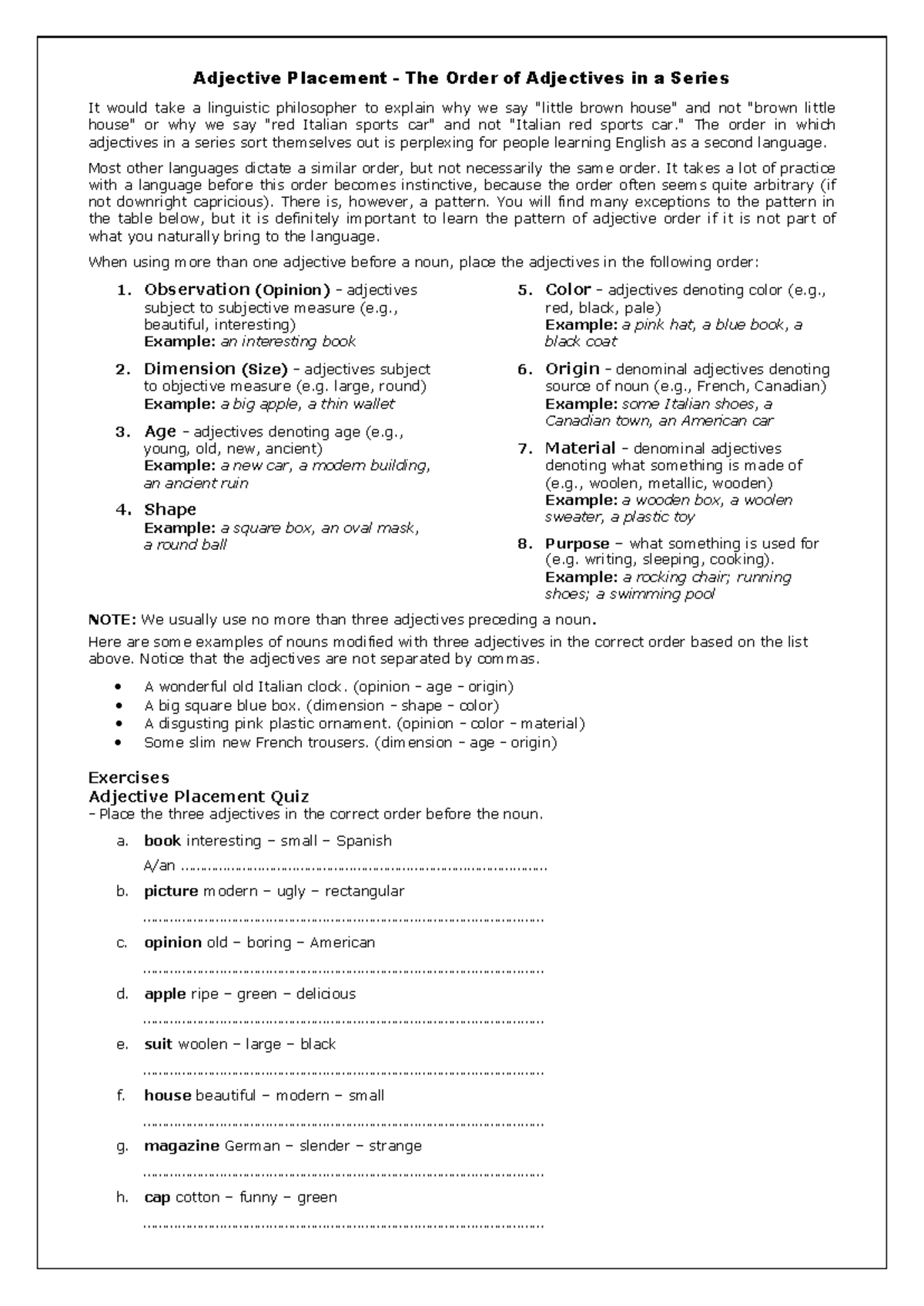 Adjective Order: Understanding Placement in English Series - Studocu