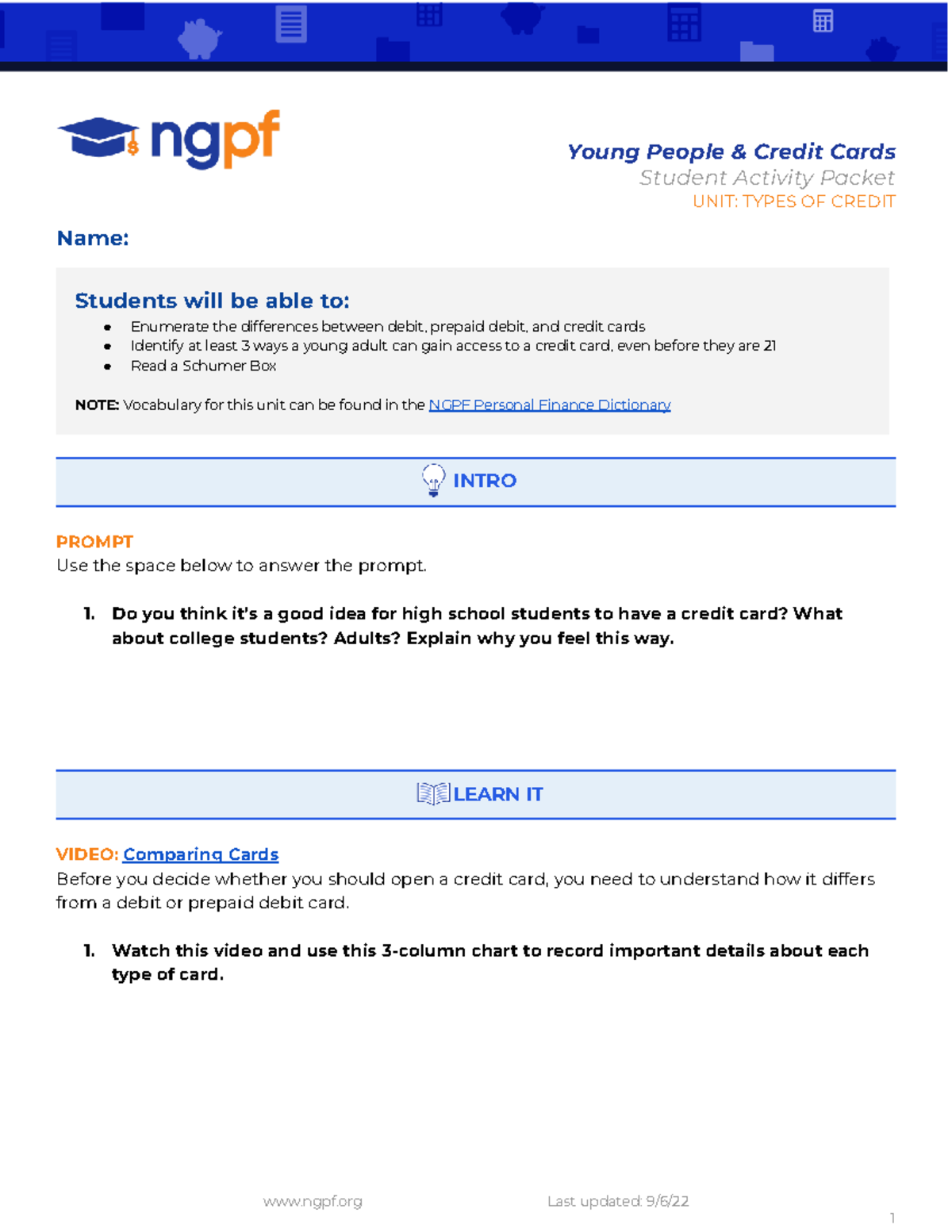 Young People & Credit Cards Activity Packet: Types of Credit - Studocu