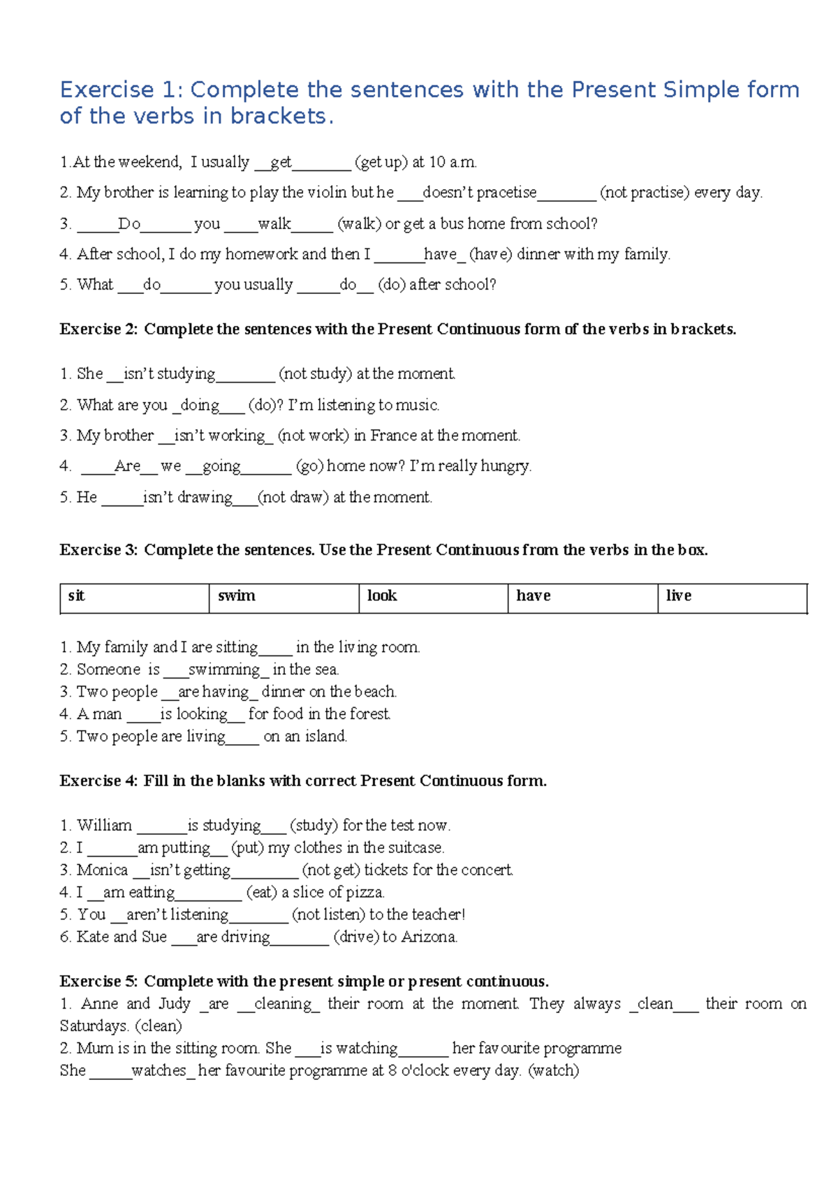 Grammar 1 - khfi - Exercise 1: Complete the sentences with the Present ...
