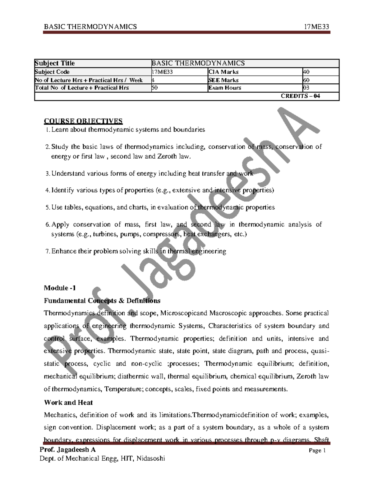 Basic Thermodynamics Notes-(17ME33)-Prof. JSA - Prof. Jagadeesh A Page ...