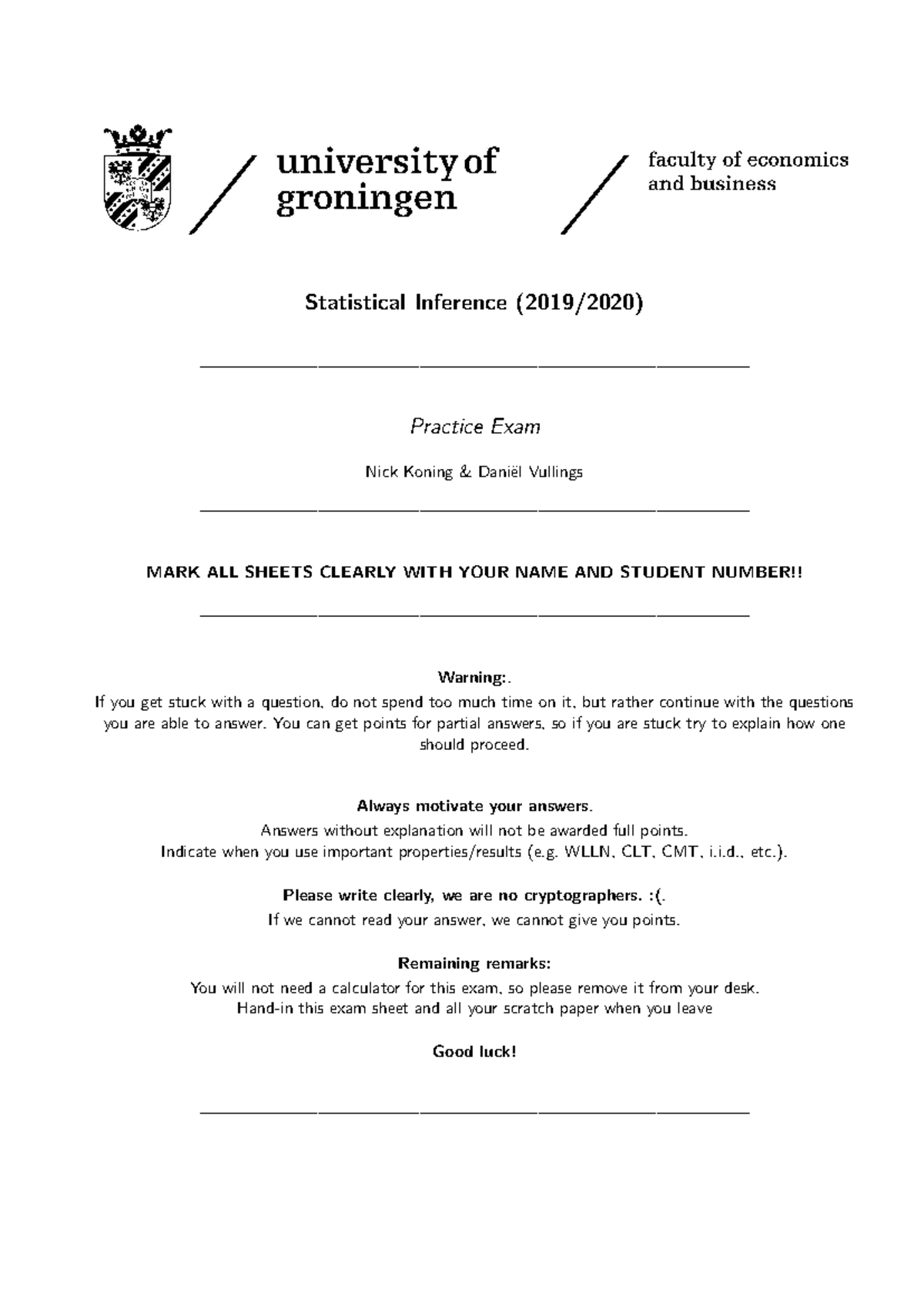 Statistical Inference Practice Exam (2019/2020) - Proef/oefen tentamen ...