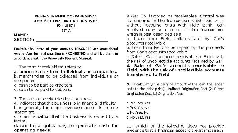 ACC106 Intermediate Accounting 1 P2 Quiz 1 Questions Set A - Studocu