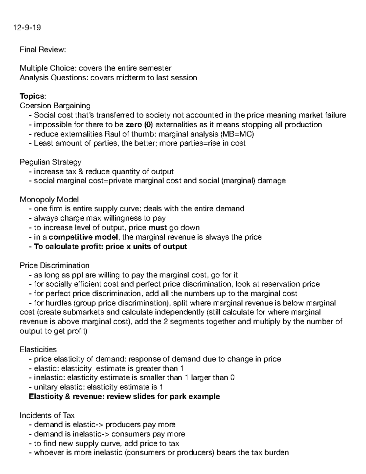 Economics 101 - 12-9-19 Final Review Lecture Notes - Studocu