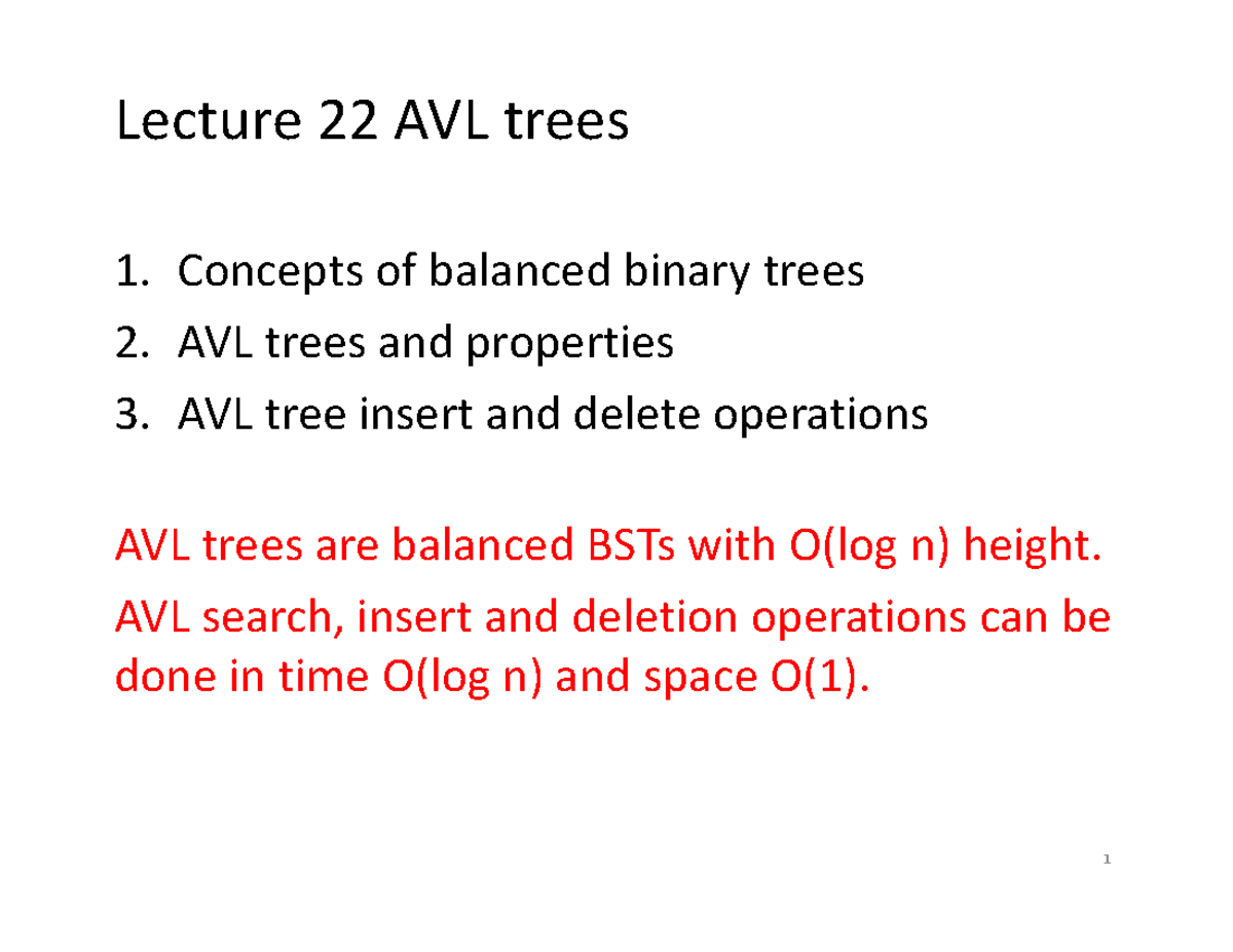 Cp264 lecture 22 avl - Lecture 22 AVL trees Concepts of balanced binary ...