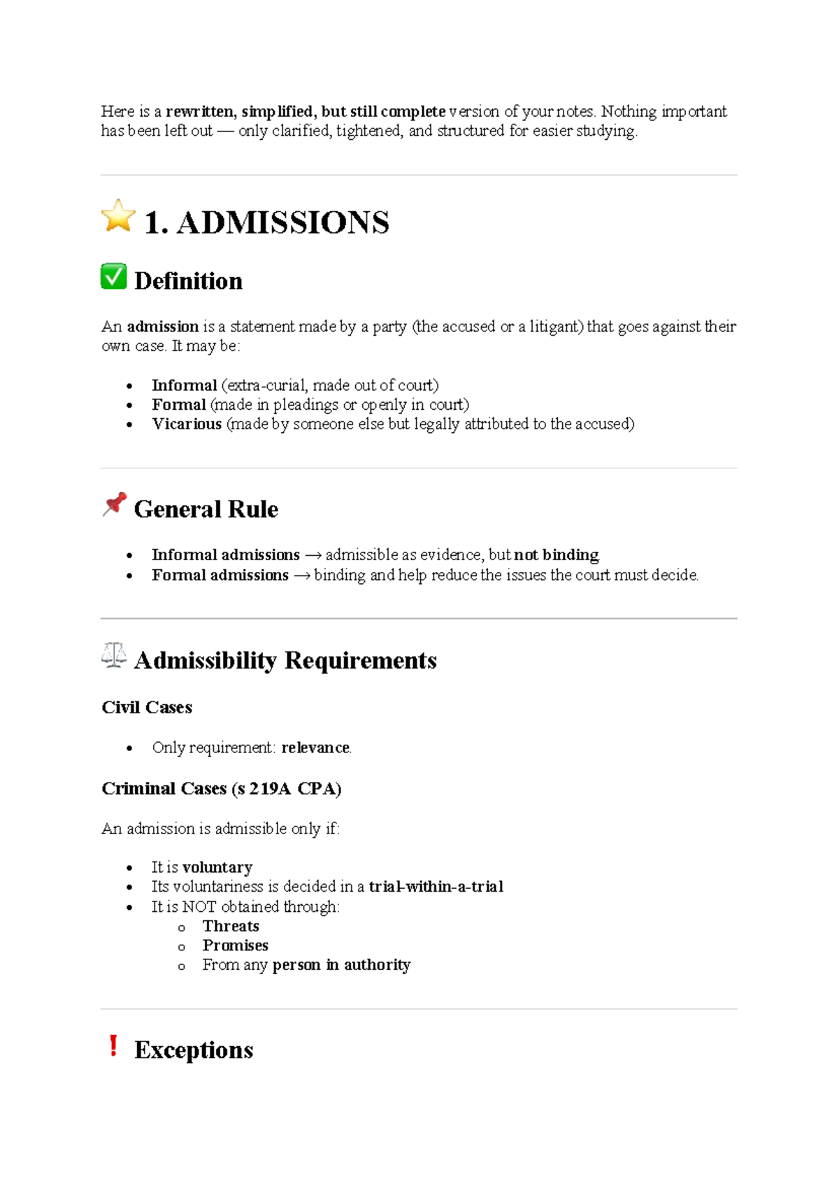 Admissions and Pointings Out: Key Concepts and Case Law (LAW 101) - Studocu