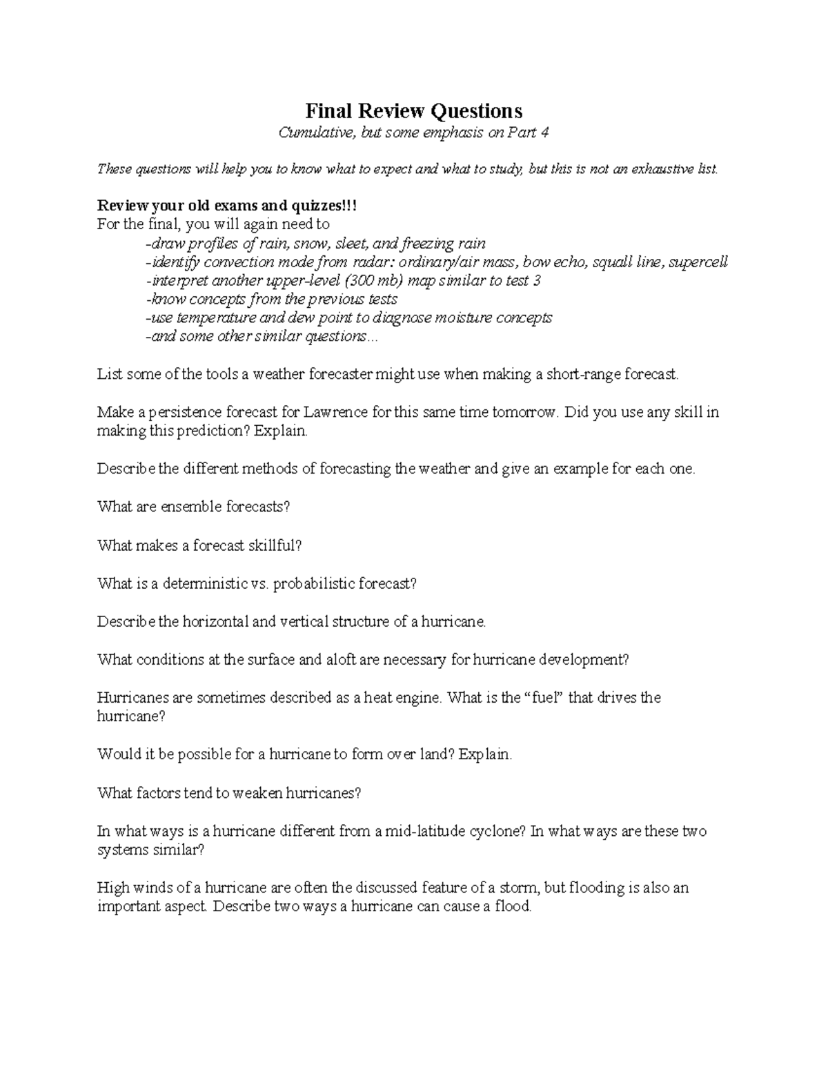 Final Review Questions for Weather Forecasting (Course Code CE473 ...