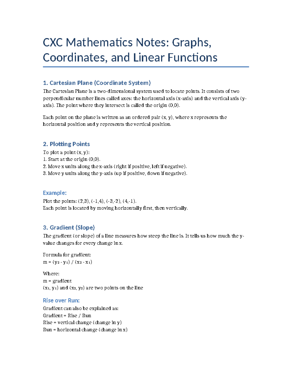 CXC Mathematics Notes: Graphs, Coordinates, and Linear Functions - Studocu