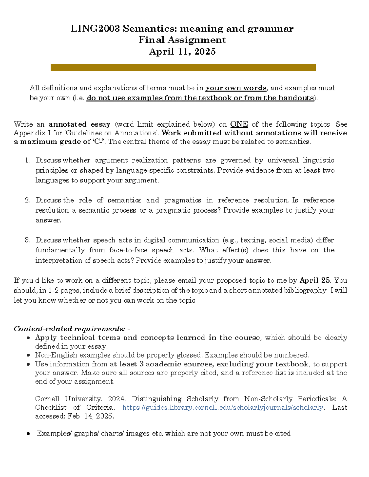 LING2003 Semantics Final Assignment: Essay Guidelines and Topics - Studocu