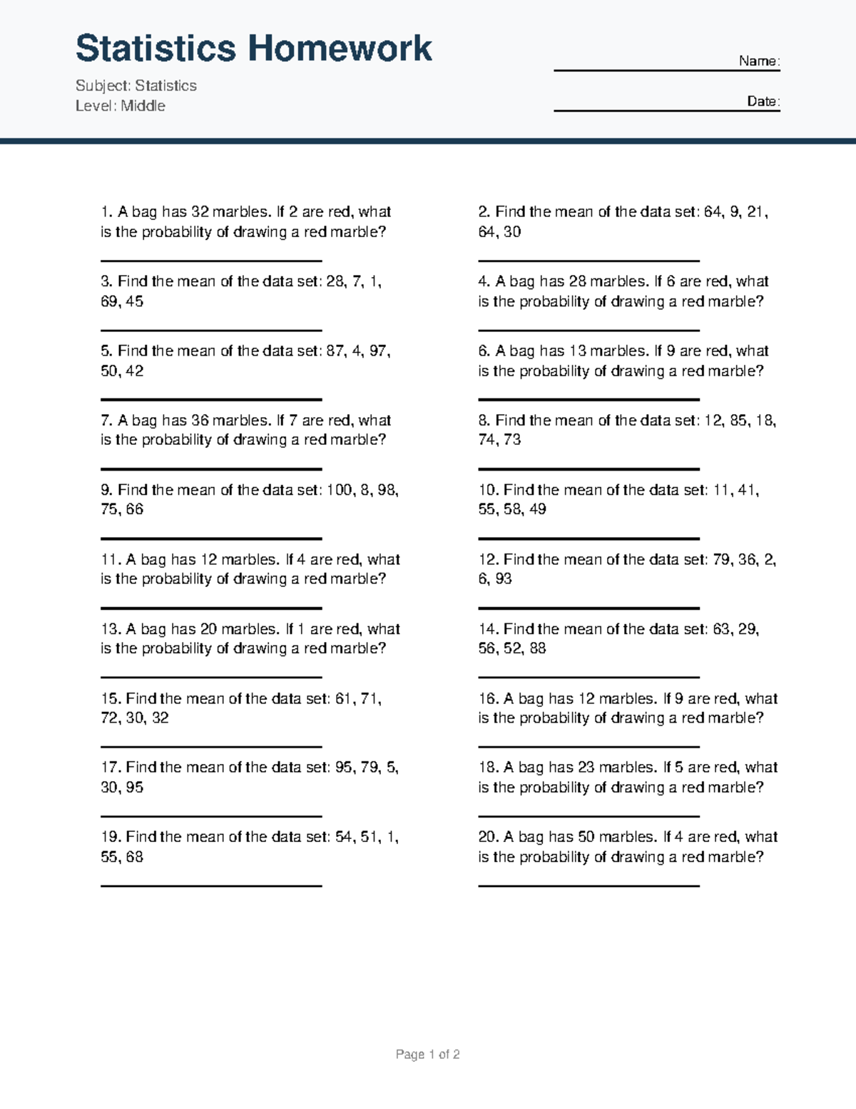Statistics Homework 9: Probability & Mean Calculations - Studocu