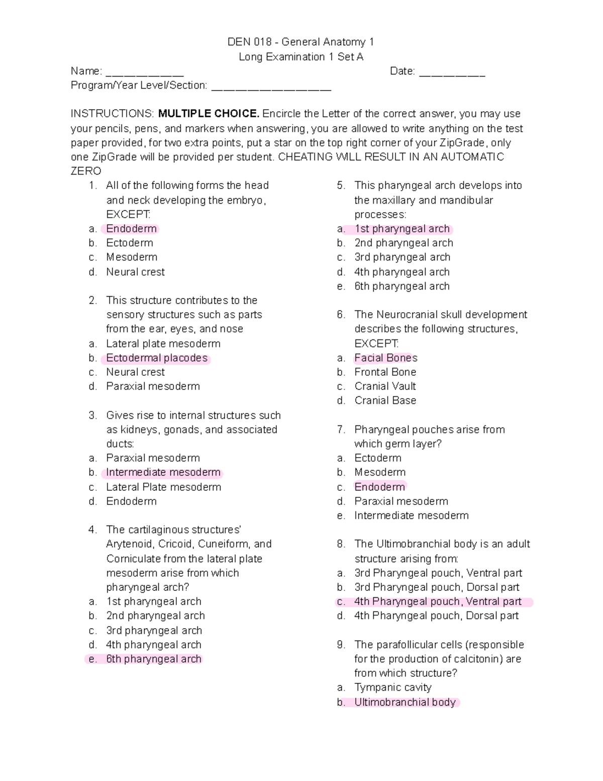 DEN 018 General Anatomy 1 Long Exam 1 Practice Test - Studocu