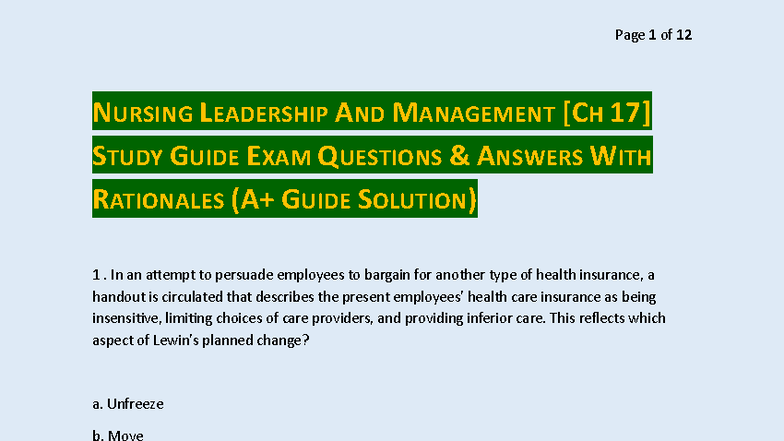 NURSING 301: Leadership & Management CH 17 Study Guide Exam Q&A with ...