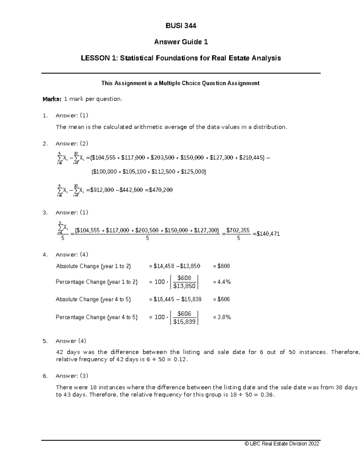 BUSI 344 - Assignment 1: Answer Key for Statistical Foundations Lesson ...
