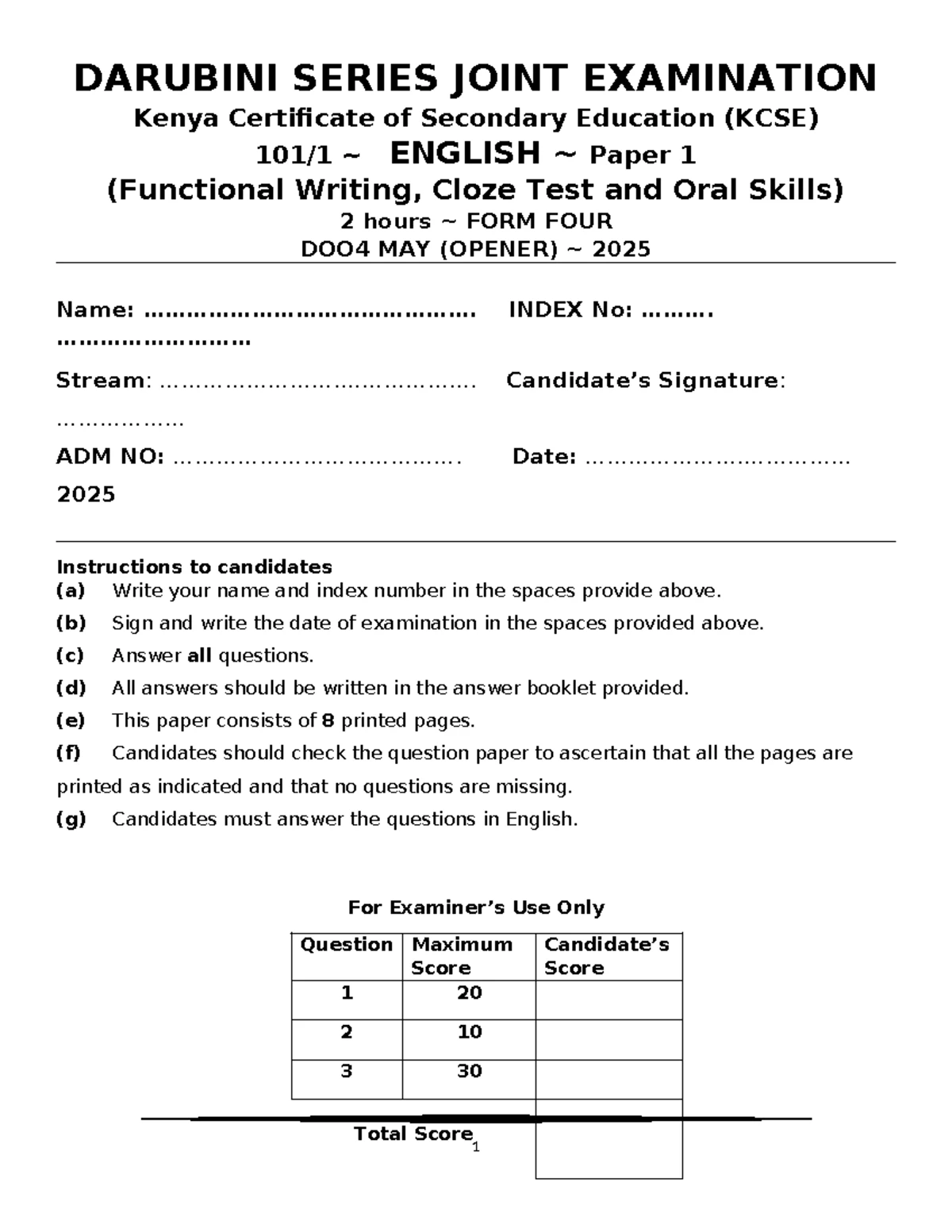 D004-1 F4 ENGLISH Joint Exam Paper 2025: KCSE Paper 2 - Studocu