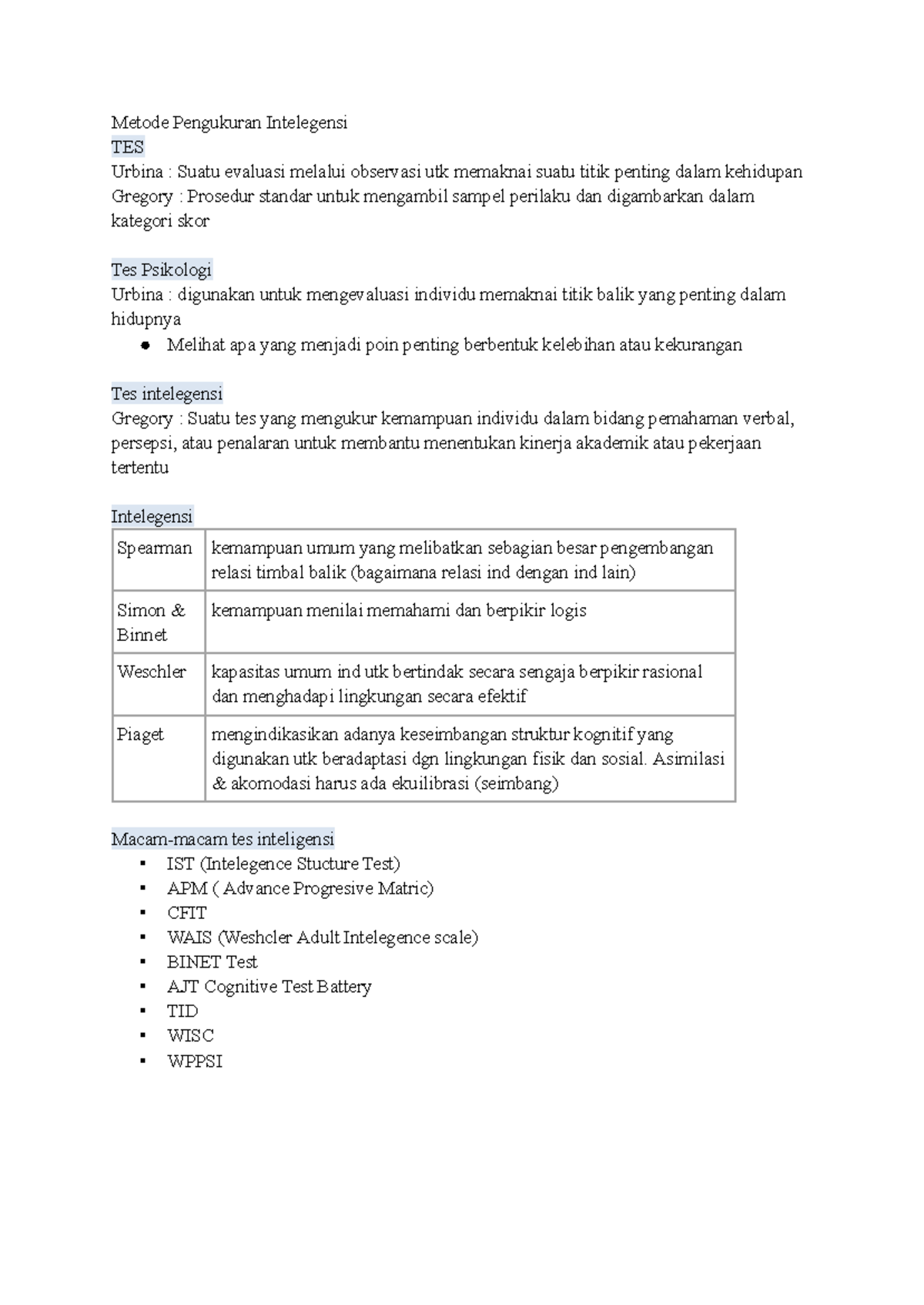 Mid Test Intelligence (PSY101) - Comprehensive Study Notes - Studocu