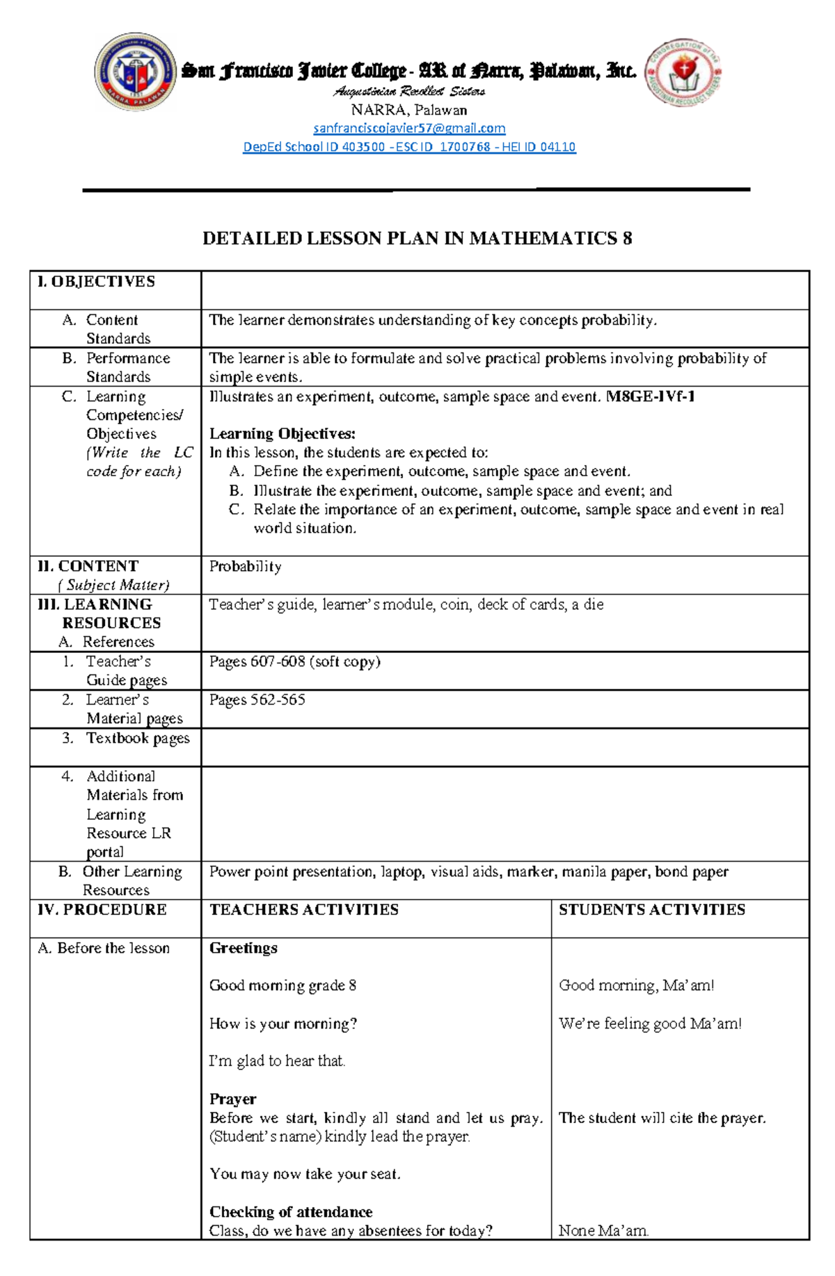 Detailed Lesson Plan in Mathematics 8: Understanding Probability ...