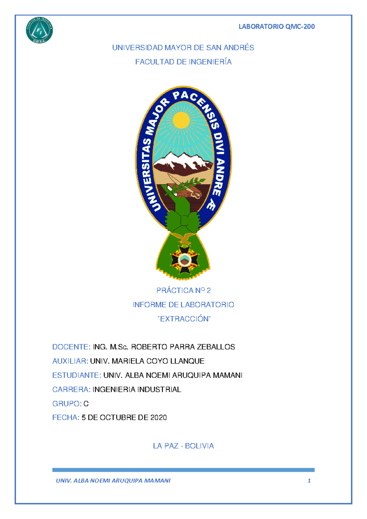 Informe de Laboratorio de Extracción - Práctica No 2 - Ingeniería Industrial - Document Preview