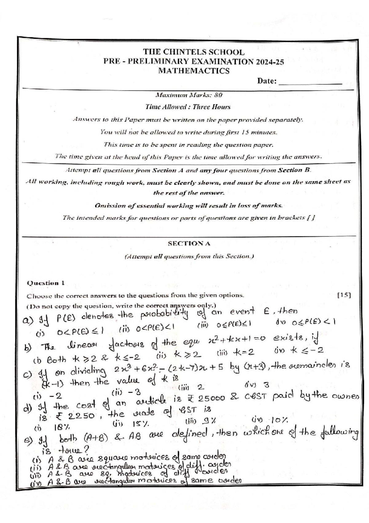 Pre Board 2024-25 - Mathematics Pre Preliminary Exam - Studocu