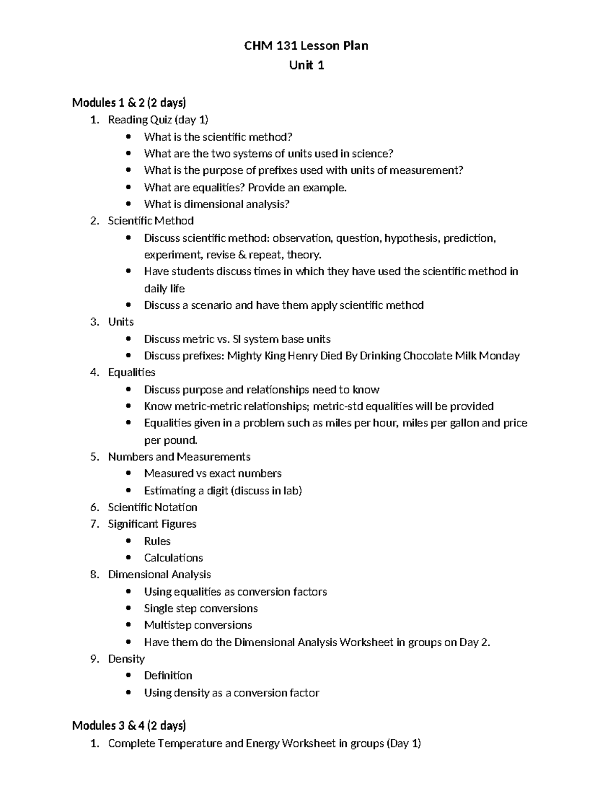 CHM 131 Lesson Plan: Scientific Method & Measurement Units Overview ...