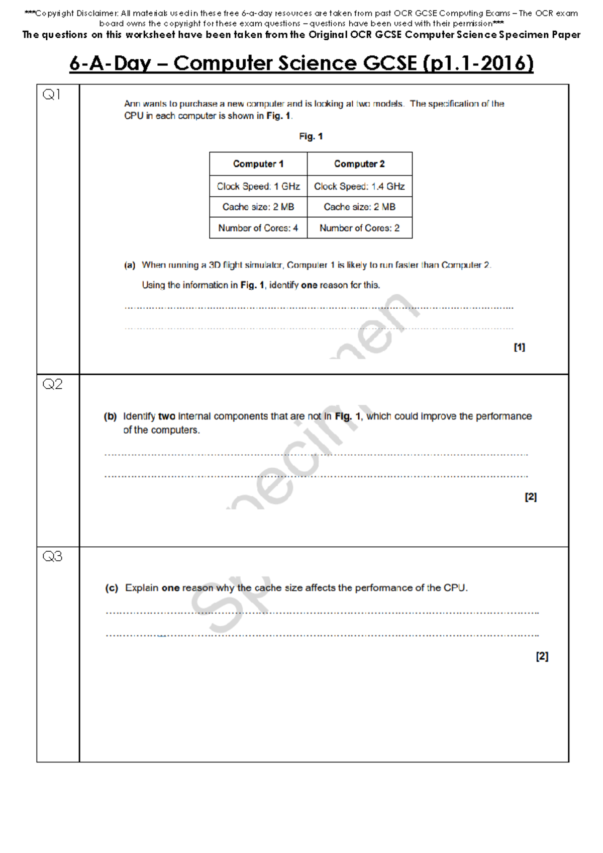 OCR GCSE Computer Science Specimen Paper Q01 - 6-A-Day Resources - Studocu