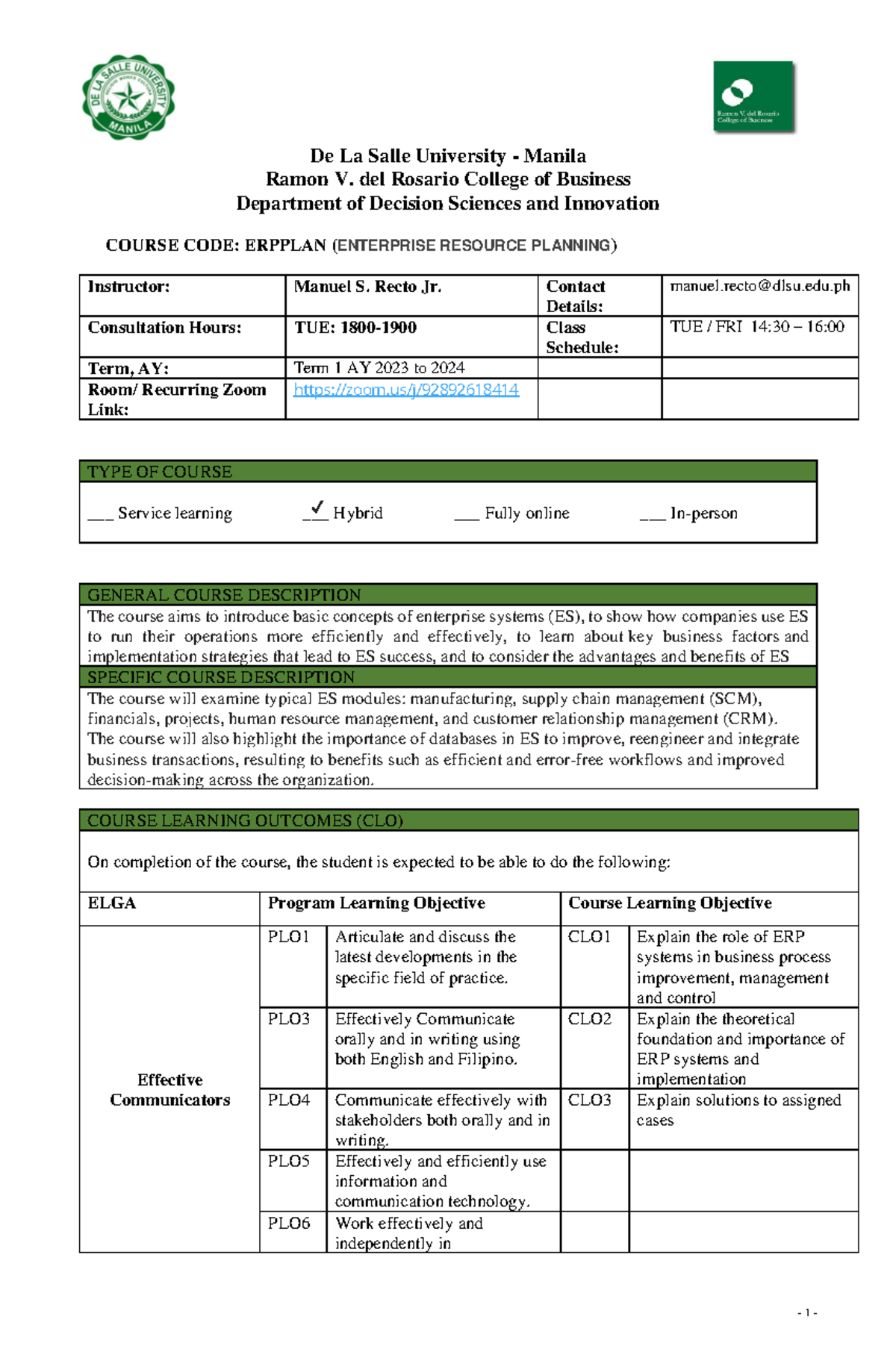 ERPPLAN Course Syllabus for 1st Term AY 2023-2024 at DLSU - Studocu