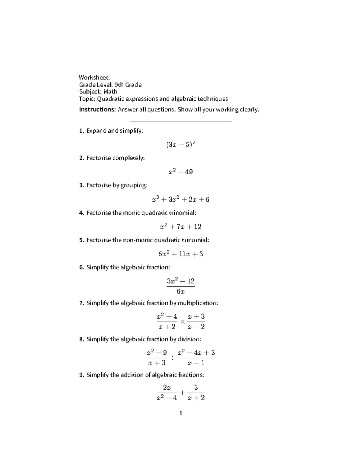 Math Worksheet: Quadratic Expressions & Techniques (9th Grade) - Studocu