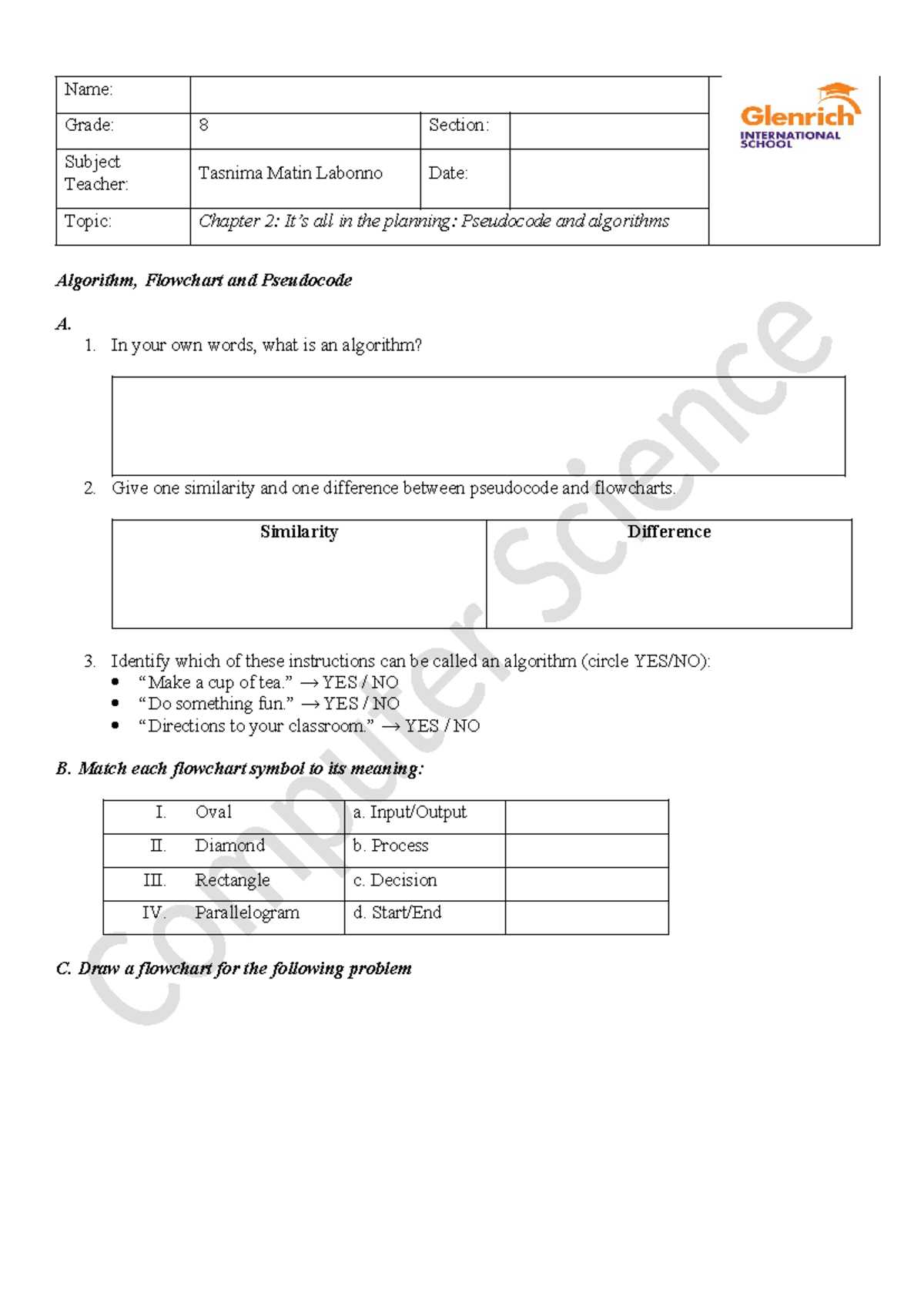 G8 Chapter 2: Pseudocode & Algorithms Worksheet 01 - Studocu