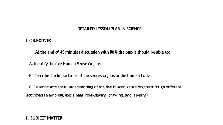 LP in Science: Human Sense Organs Lesson Plan (Ru Ann) - Studocu