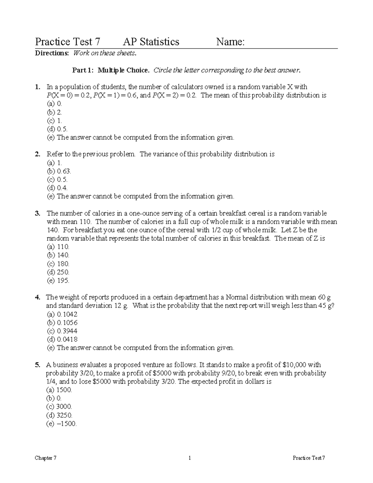 Chapter 7 Practice Test - AP Statistics 2011 Edition - Studocu