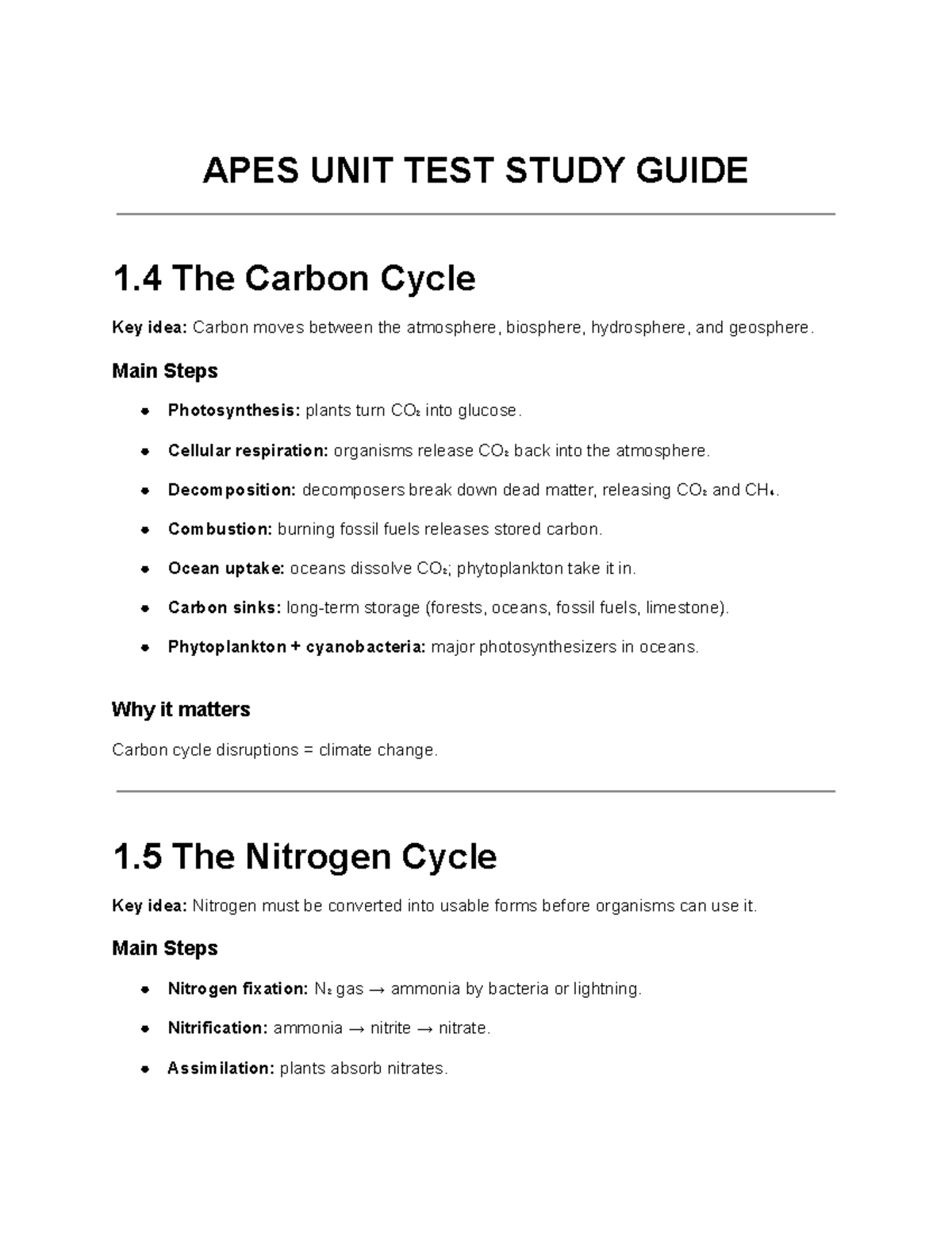 APES 3 UNIT TEST STUDY GUIDE: Biogeochemical Cycles & Agriculture - Studocu