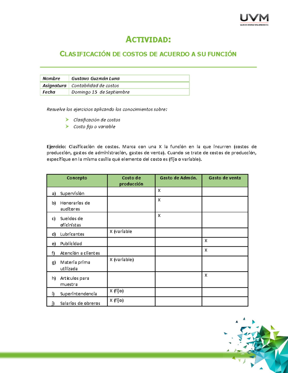 A#2 Clasificación de Costos en Contabilidad de Costos - Studocu