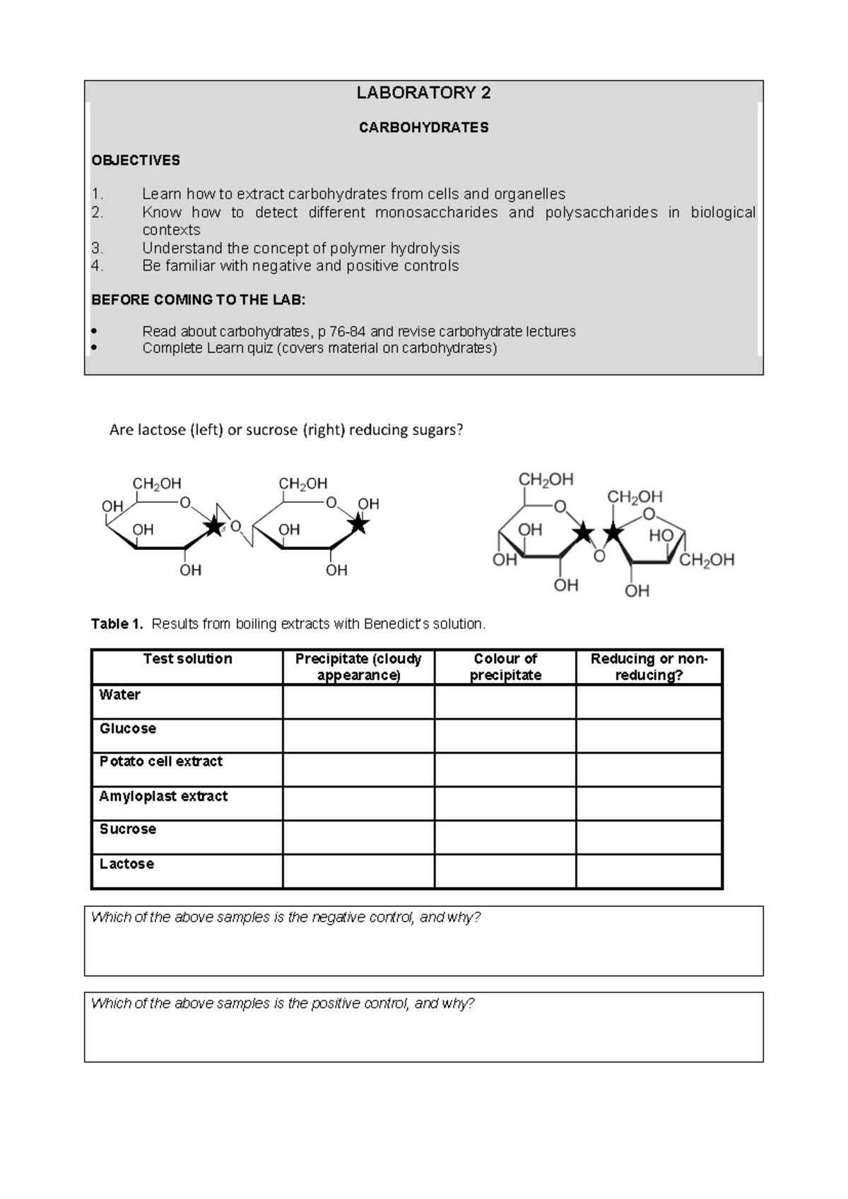 Lab 2 worksheet 2022 - LABORATORY 2 CARBOHYDRATES OBJECTIVES 1. Learn ...