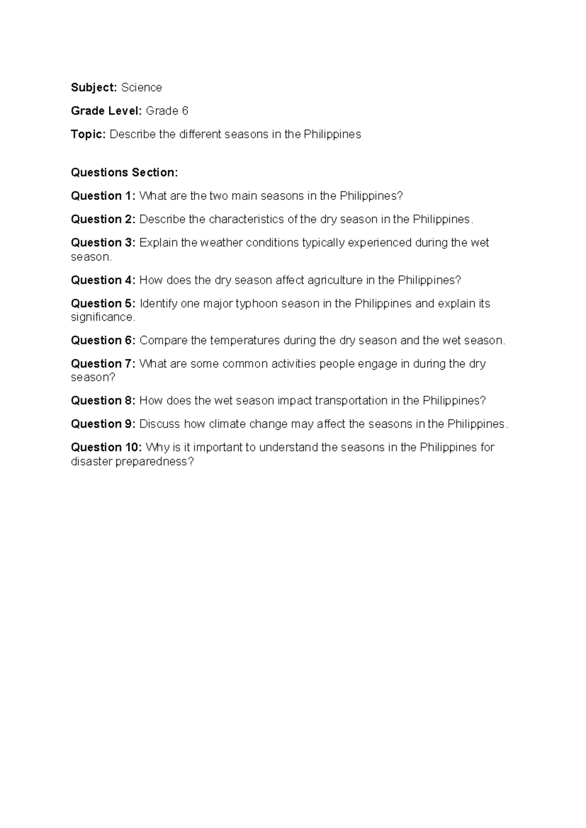 Grade 6 Science Quiz: Seasons in the Philippines - Summative Assessment ...