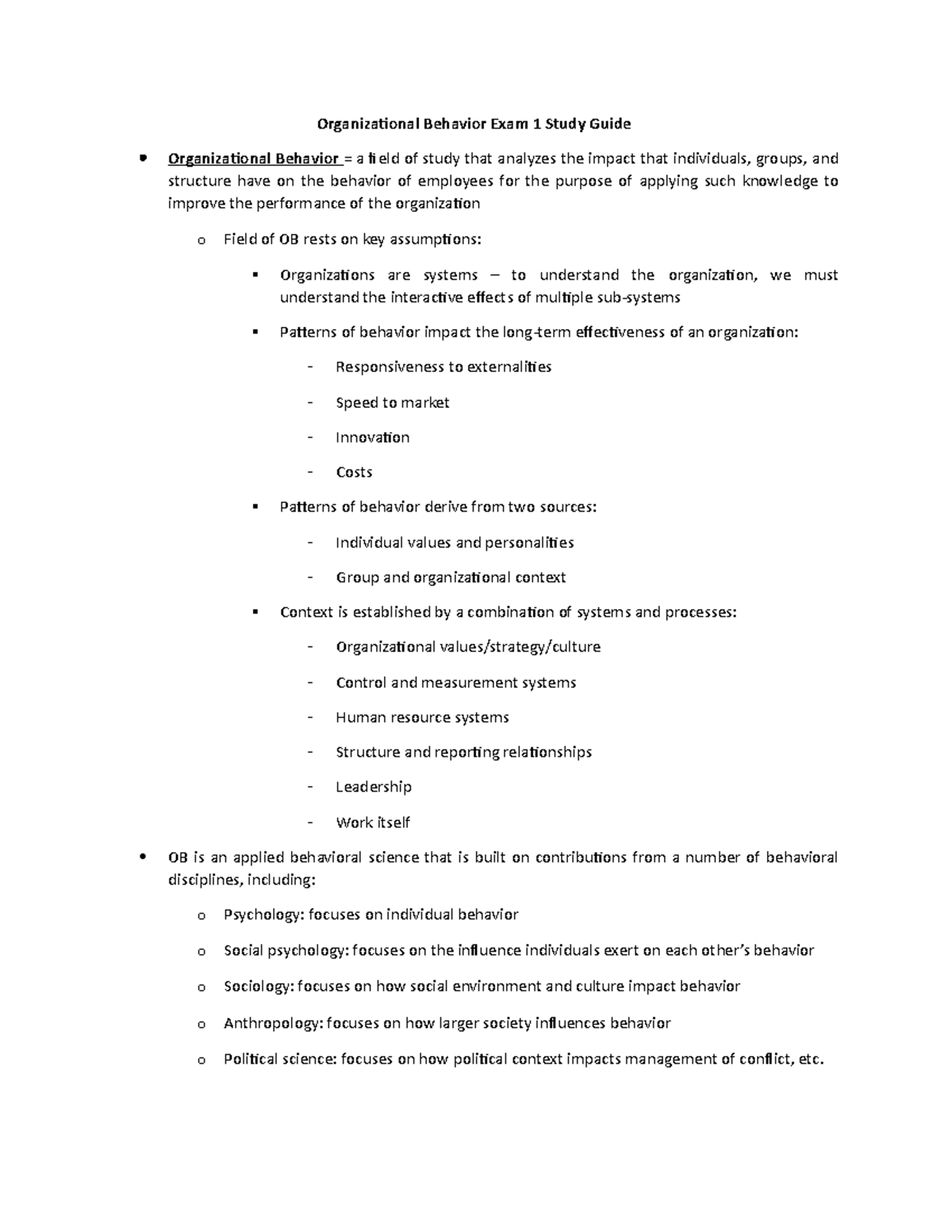 Org B Exam 1 Study Guide: Key Concepts in Organizational Behavior - Studocu