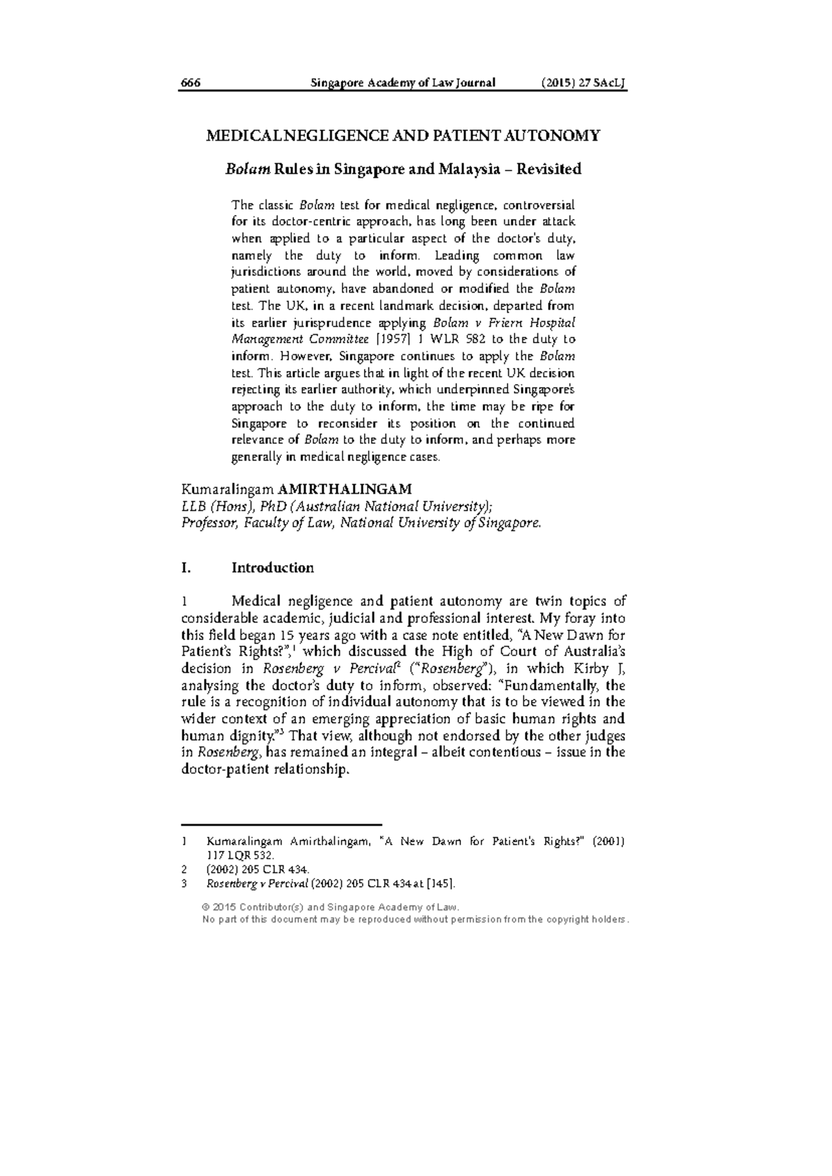 Revisiting Bolam: Medical Negligence & Patient Autonomy in S'pore & M ...