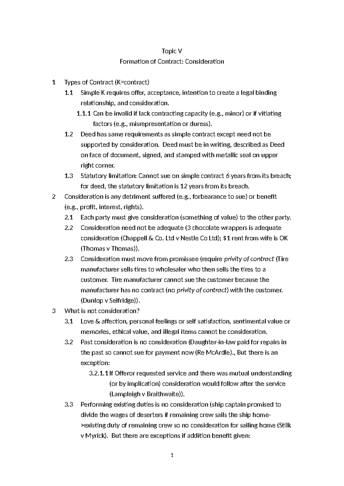 Topic V. Formation of Contract Consideration - Topic V Formation of ...