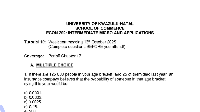 ECON 202: Intermediate Micro Tutorial 10 - Week of Oct 13, 2025 - Studocu