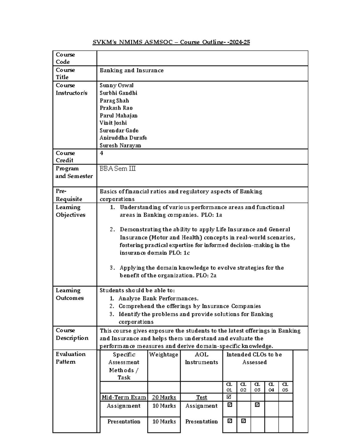Banking and Insurance - BBA Sem III Course Outline (2024-25) - Studocu