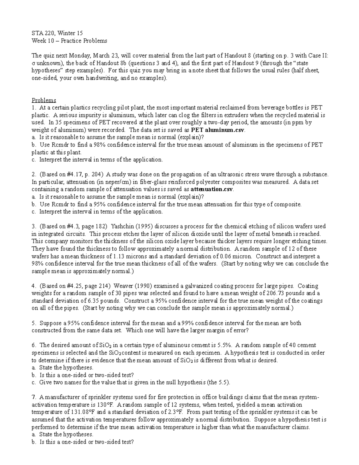 STA 220 Week 10 Practice Problems on CI with Rcmdr and HT Techniques ...