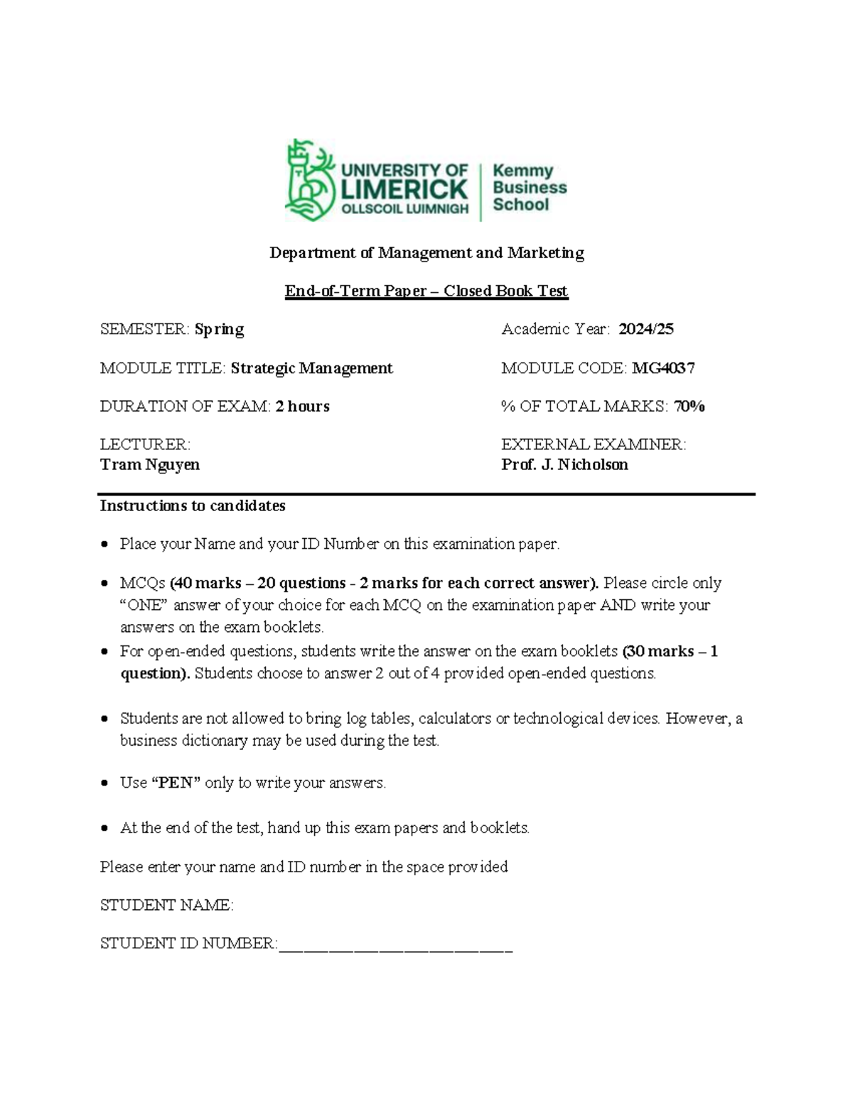 MG4037 - Sample end-of-term paper - Copy - Department of Management and ...