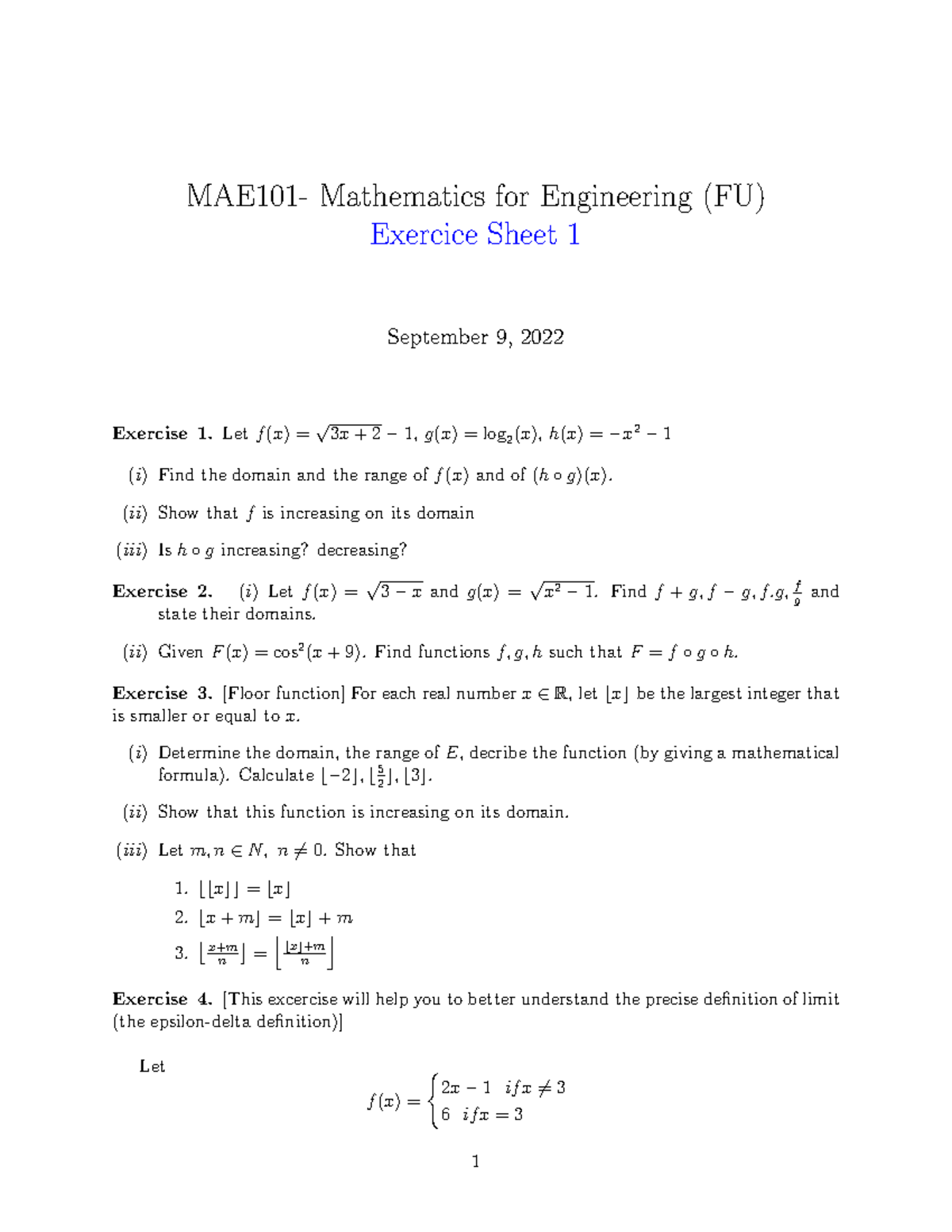 Exercice Sheet 1 - hay - MAE101- Mathematics for Engineering (FU ...