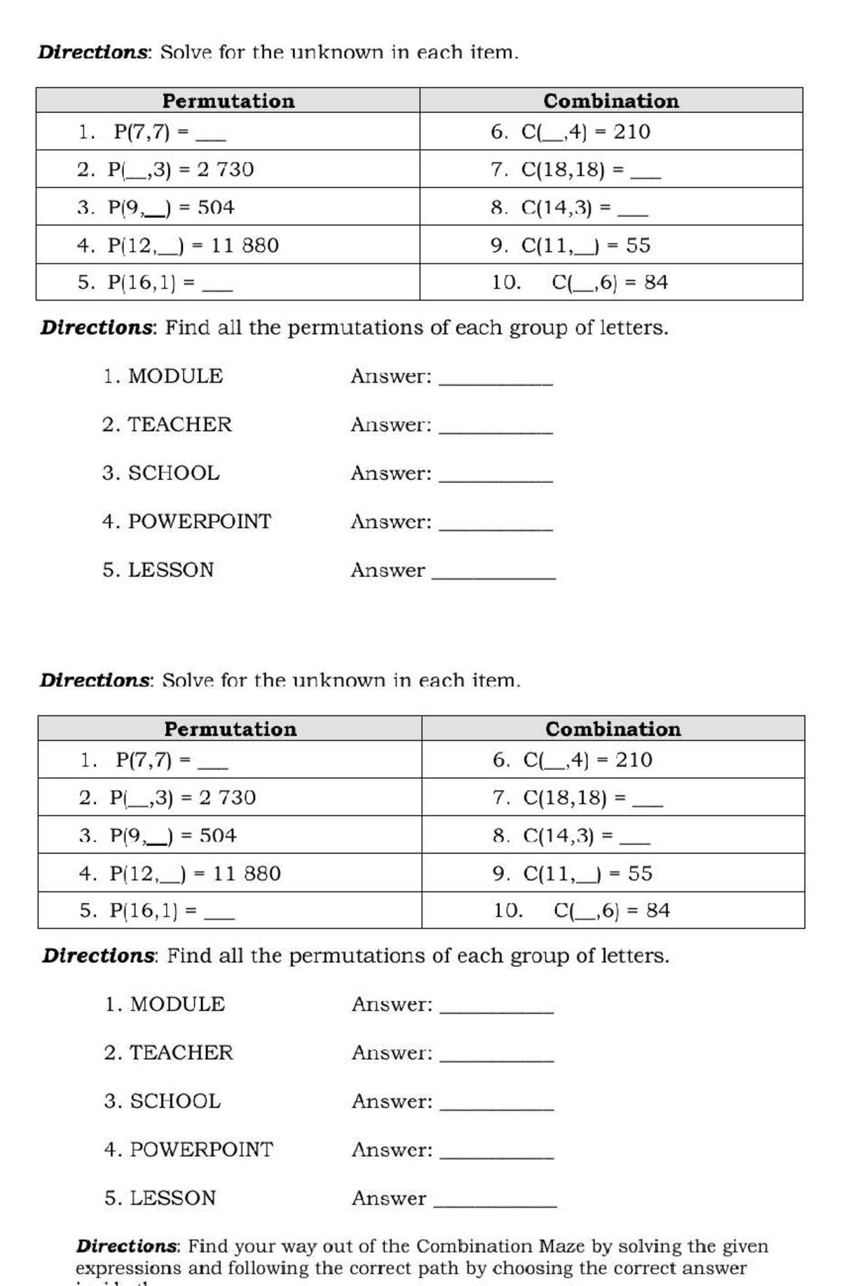 Combination Activity - GEHGE: Solve Permutations & Combinations - Studocu