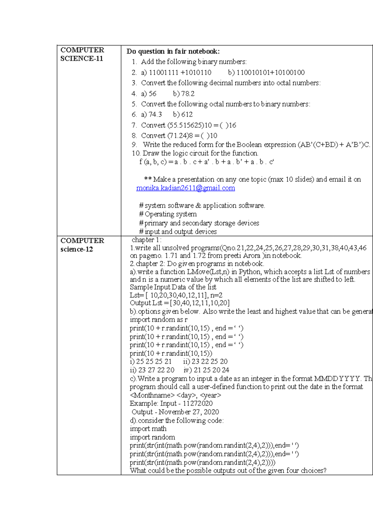 COMPUTER 11-12 Holiday Homework: Binary, Octal, and Python Programs ...
