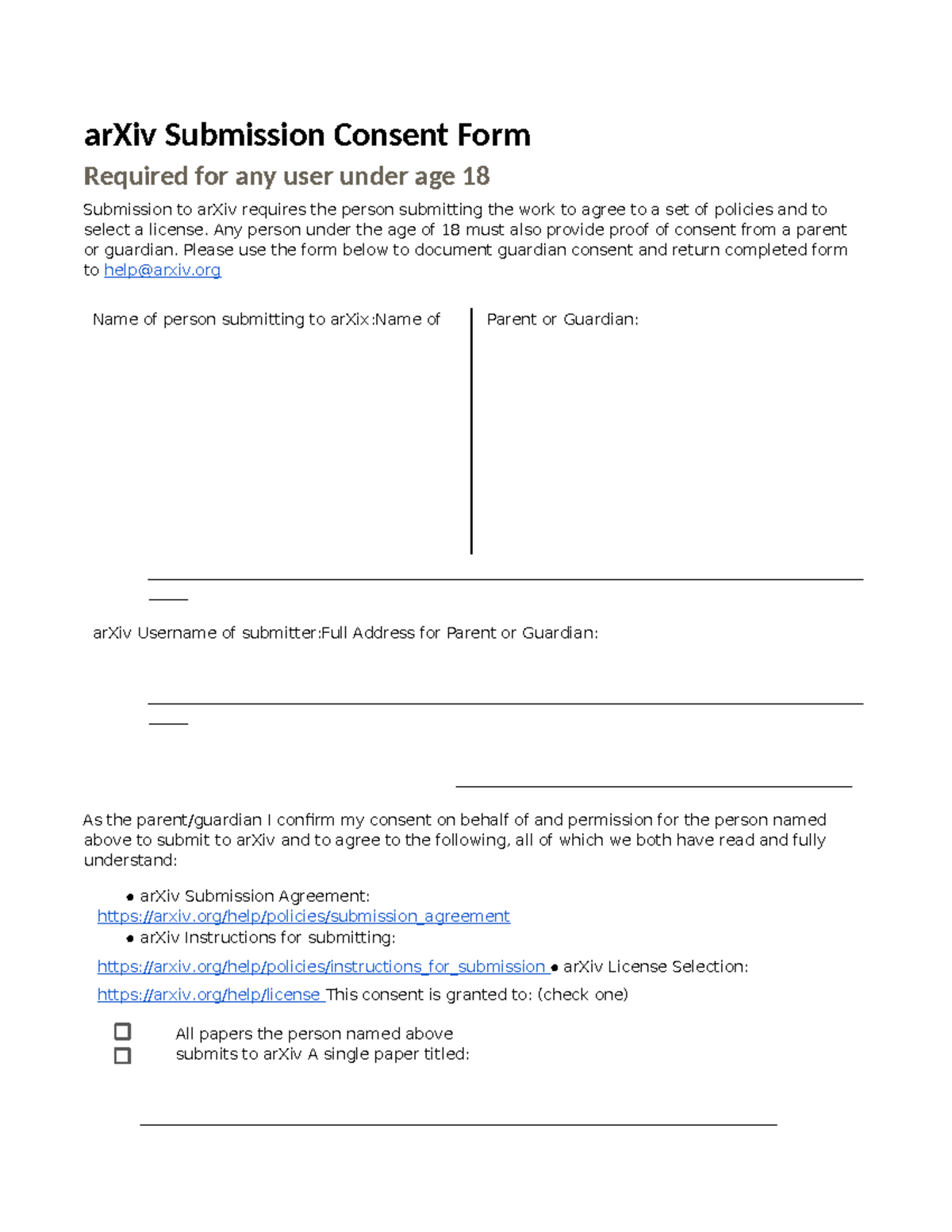arXiv Submission Consent Form for Users Under Age 18 - Studocu