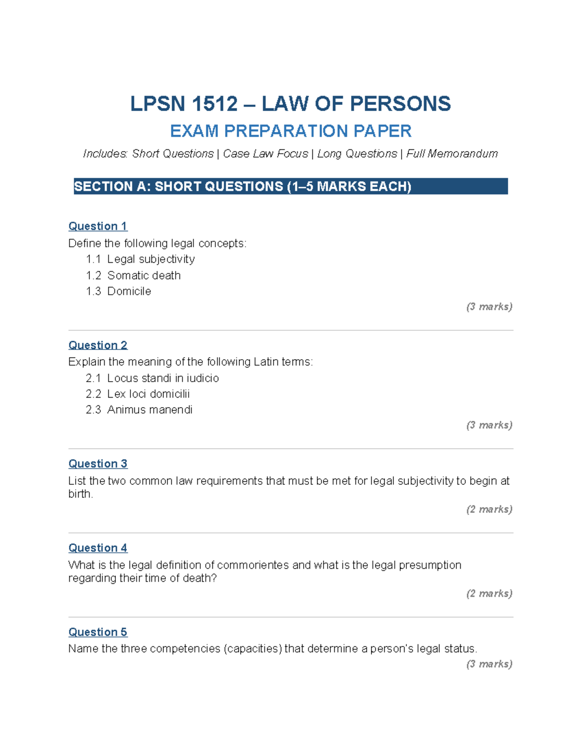 LPSN 1512 LAW OF PERSONS FINAL EXAM PREPARATION GUIDE - Studocu