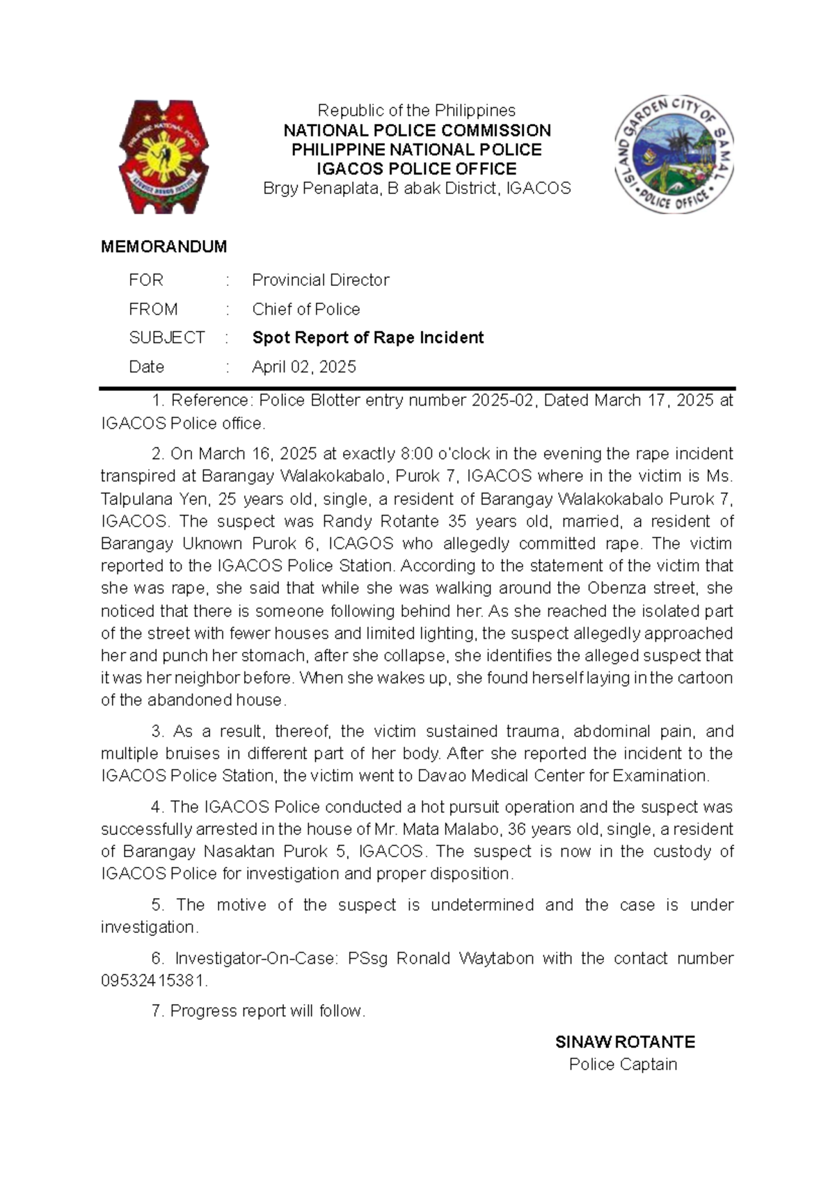 Spot Report: Rape Incident in Barangay Walakokabalo, IGACOS - Studocu
