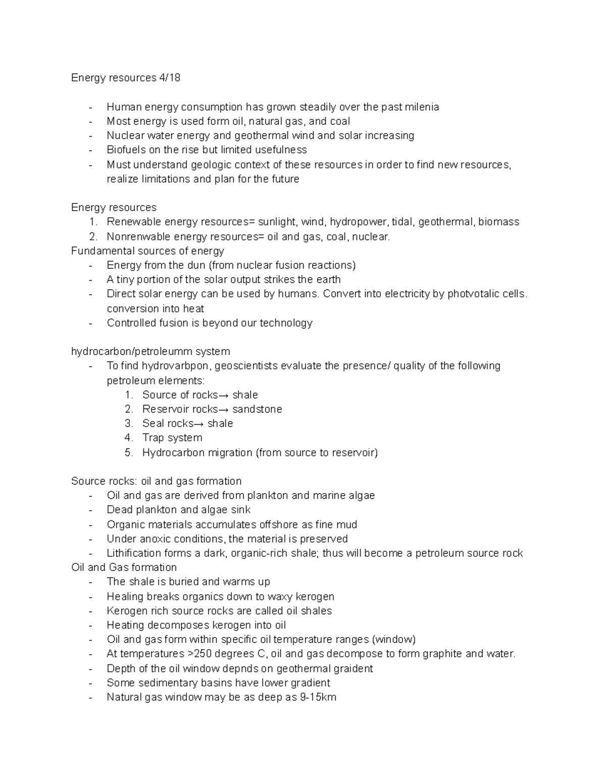 Energy resources 4 18 - Notes for Exam 4 - Energy resources 4/ Human ...