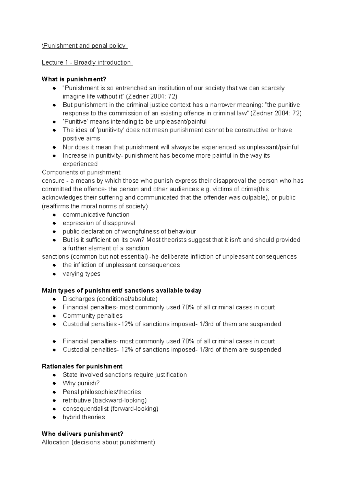 Course Code: CRIM101 - Lecture Notes on Punishment and Penal Policy ...