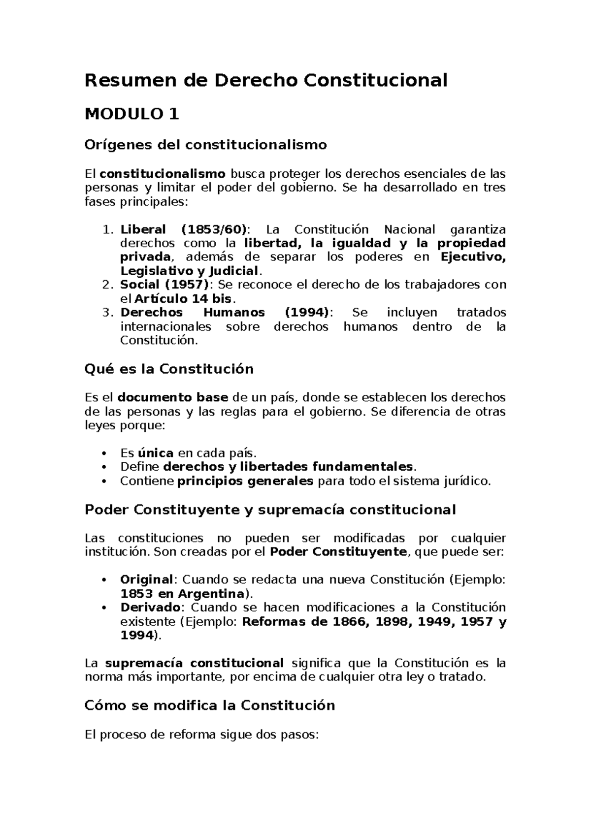 Resumen de Derecho Constitucional MODULO 1 y 2: Orígenes y Estructura ...