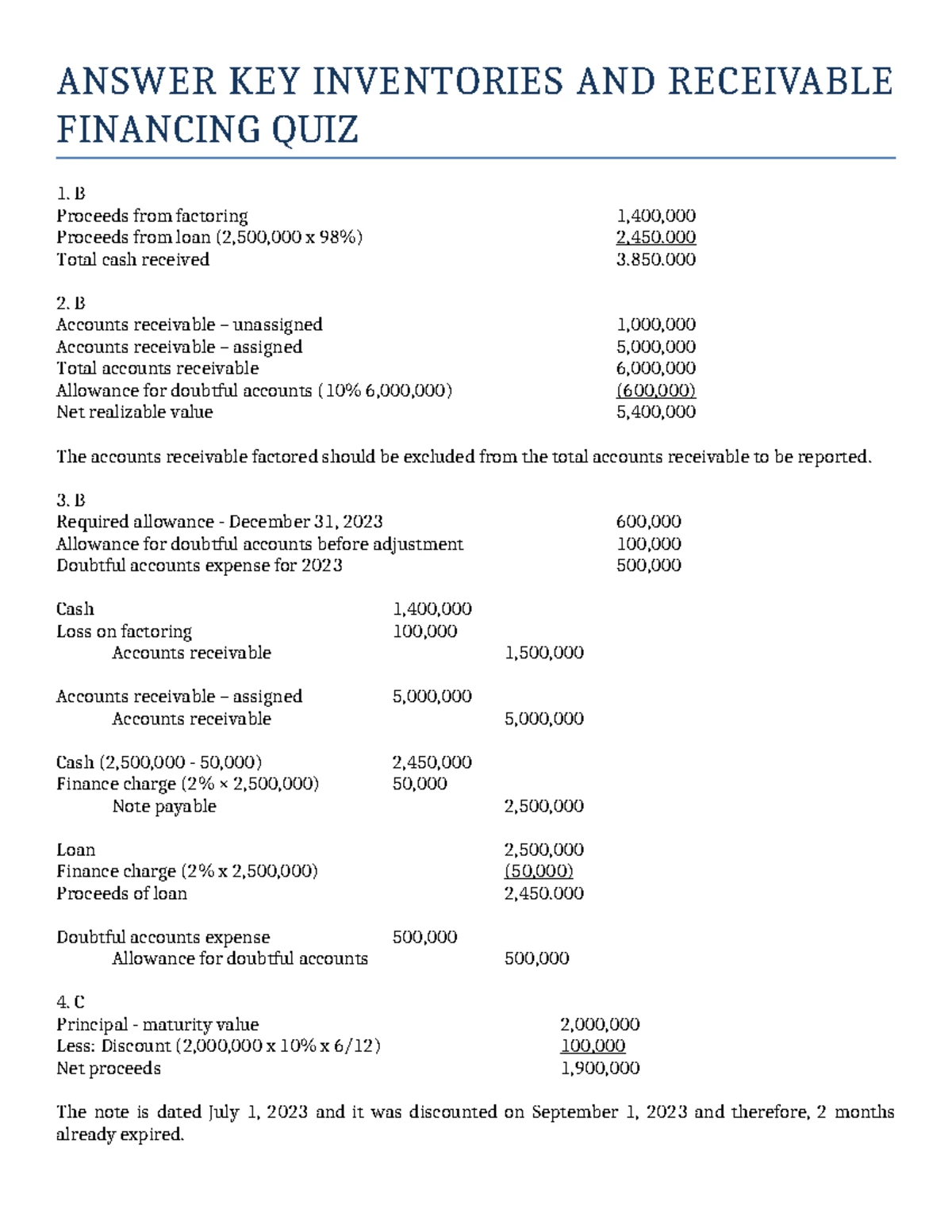 Notes AND LOAN Receivable Answer KEY - ANSWER KEY NOTES AND LOAN ...
