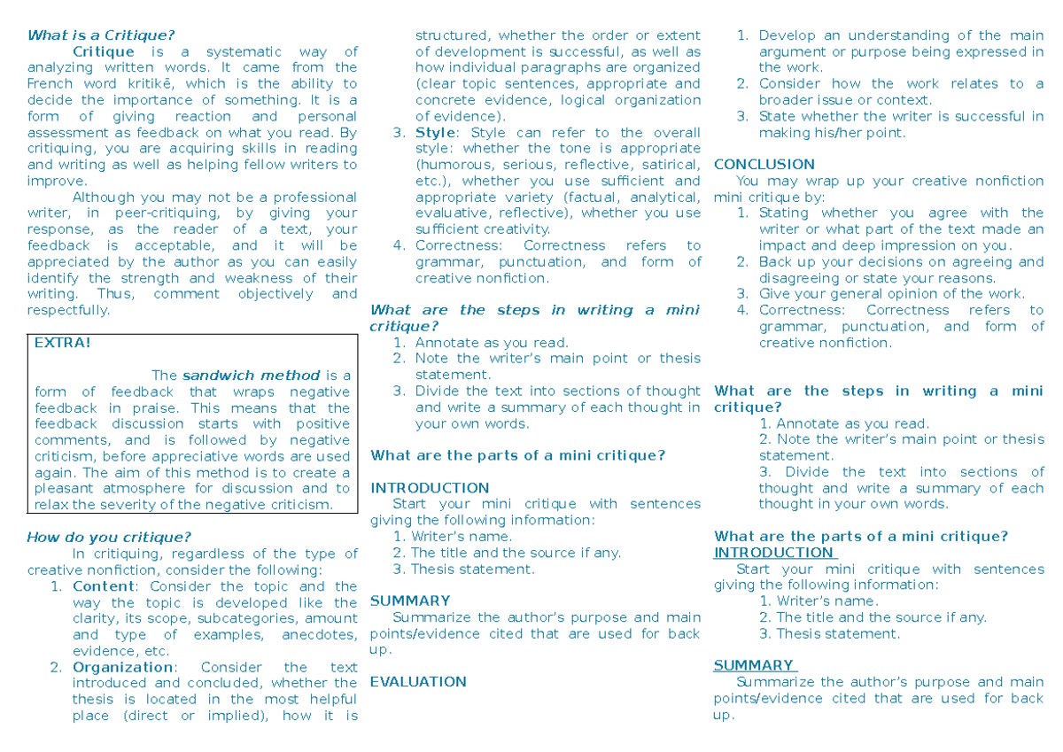 Creative Nonfiction Overview: Week 1-5 Insights and Critiques - Studocu